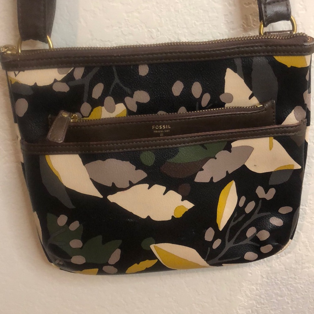 Fossil Coated Canvas Crossbody Purse - Leaf  Print tropical black green yellow